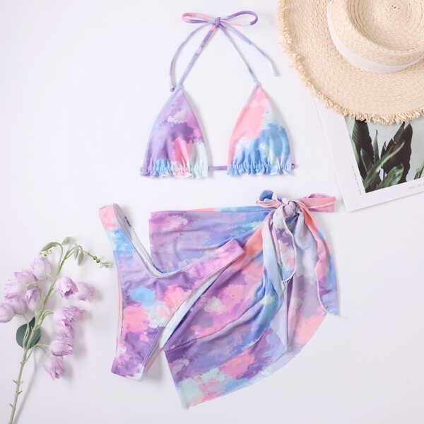 

3pack Tie Dye Frill Trim Halter Micro Triangle Bikini Swimsuit & Beach Skirt, Multicolor