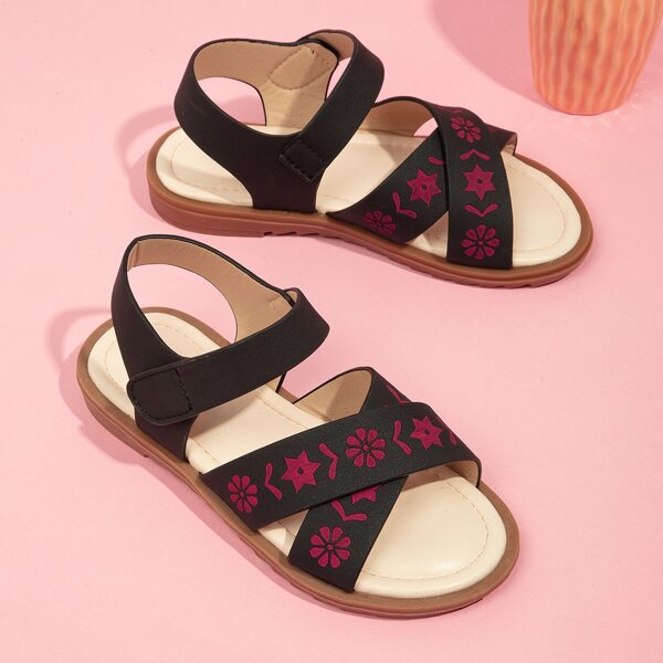 

Girls Geometric Graphic Flat Sandals, Black