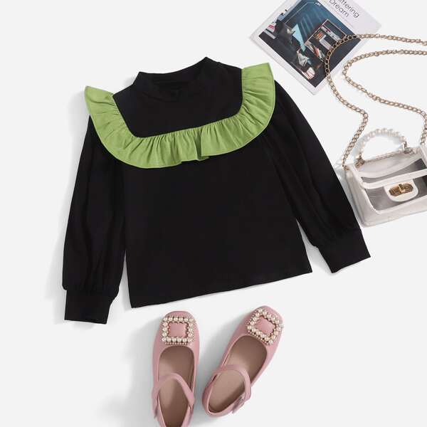 

Toddler Girls Ruffle Trim Two Tone Tee, Black