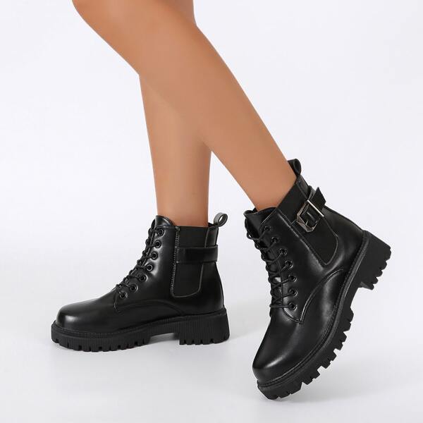 

Minimalist Buckle Decor Lace Up Front Combat Boots, Black