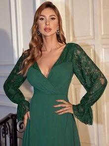 Vestido con diseño de encaje de manga con volante - Verde Oscuro - Ver 4