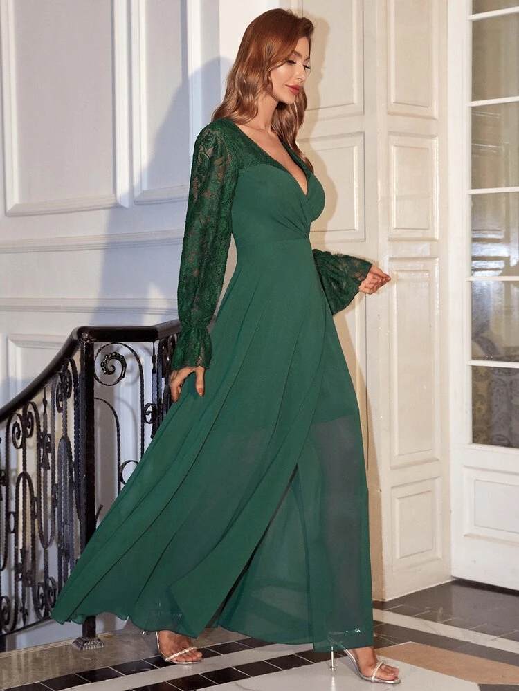 Lace Detail Ruffle Sleeve Dress