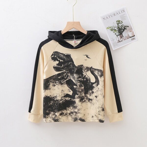 

Boys Dinosaur Print Color Block Raglan Sleeve Hoodie, Apricot
