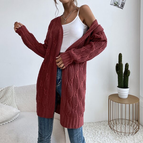 

Open Front Cable Knit Cardigan, Burgundy