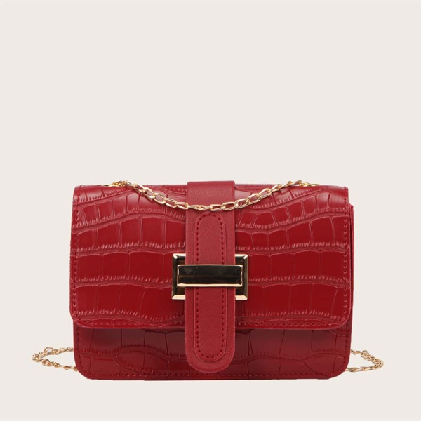 

Croc Embossed Flap Chain Bag, Red