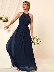 Solid Self Tie Maxi Dress - Navy Blue - View 1