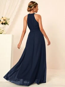 Solid Self Tie Maxi Dress - Navy Blue - View 2