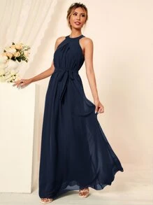 Solid Self Tie Maxi Dress - Navy Blue - View 3