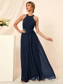 Solid Self Tie Maxi Dress - Navy Blue - View 6
