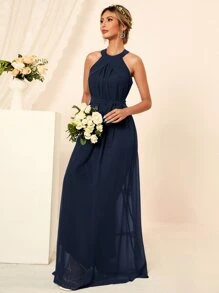 Solid Self Tie Maxi Dress - Navy Blue - View 7