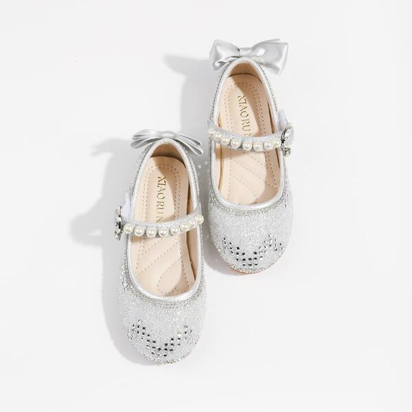 

Toddler Girls Faux Pearls & Bow Decor Flats, Silver