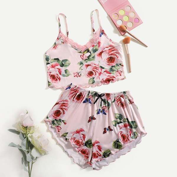 

Floral Print Lace Trim Cami PJ Set, Multicolor