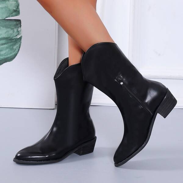 

Minimalist Side Zipper Western Boots, Black