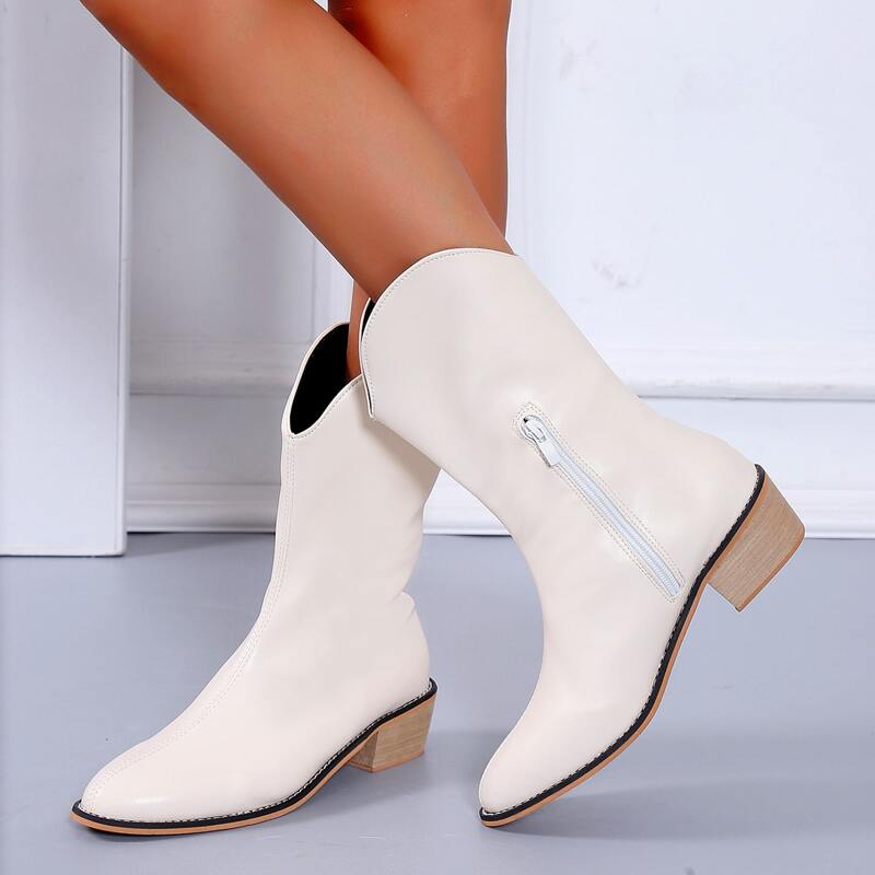 

Minimalist Side Zipper Western Boots, Beige
