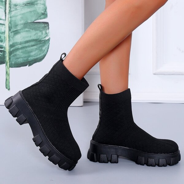 

Minimalist Knit Detail Sock Boots, Black