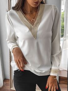 SHEIN LUNE Áo sơ mi nữ Tương phản ren Khối Màu Giải trí - trắng - Xem 1