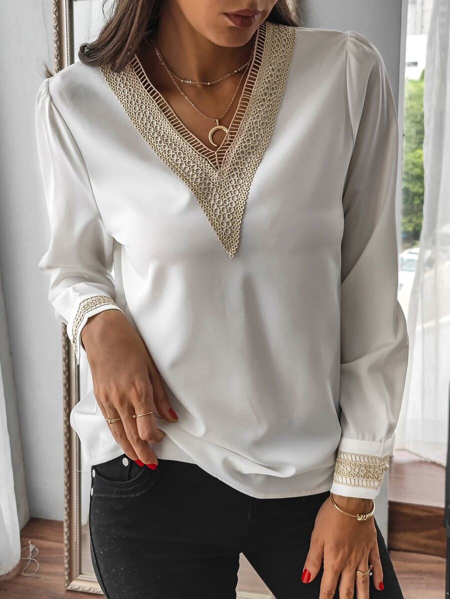 SHEIN LUNE Áo sơ mi nữ Tương phản ren Khối Màu Giải trí - trắng - Xem 1