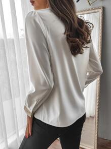 SHEIN LUNE Áo sơ mi nữ Tương phản ren Khối Màu Giải trí - trắng - Xem 2