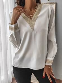 SHEIN LUNE Áo sơ mi nữ Tương phản ren Khối Màu Giải trí - trắng - Xem 3