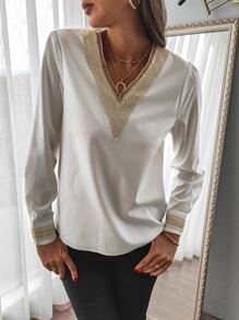 SHEIN LUNE Áo sơ mi nữ Tương phản ren Khối Màu Giải trí - trắng - Xem 4