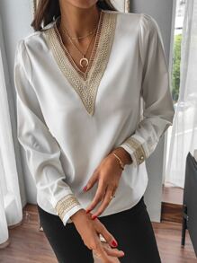 SHEIN LUNE Áo sơ mi nữ Tương phản ren Khối Màu Giải trí - trắng - Xem 5