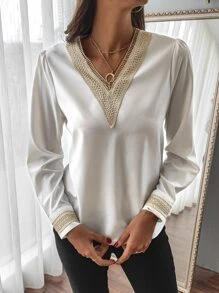 SHEIN LUNE Áo sơ mi nữ Tương phản ren Khối Màu Giải trí - trắng - Xem 6