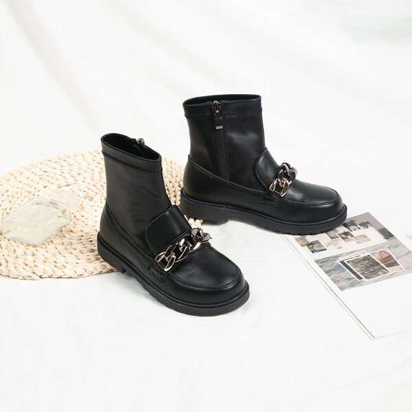 

Girls Chain Decor Side Zipper Boots, Black