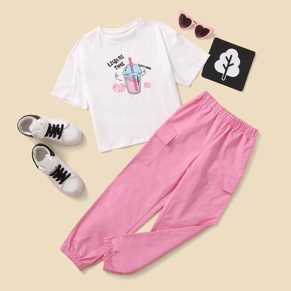 

Girls Drop Shoulder Letter Graphic Top & Cargo Pants Set, Multicolor