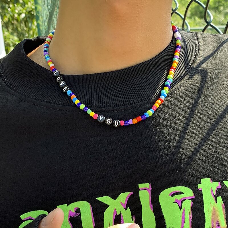 

Guys Letter Graphic Beaded Necklace, Multicolor