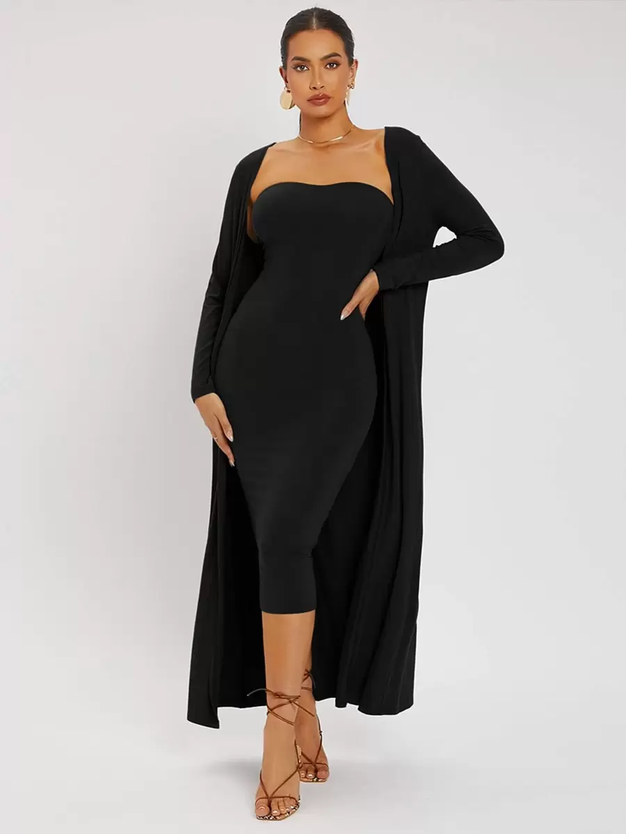 SHEIN SXY Split Hem Tube Bodycon Dress & Open Front Coat - Black - View 1