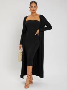 SHEIN SXY Split Hem Tube Bodycon Dress & Open Front Coat - Black - View 3