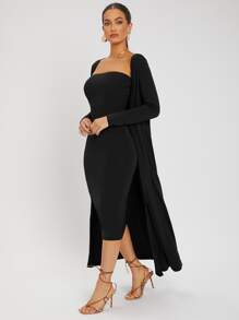 SHEIN SXY Split Hem Tube Bodycon Dress & Open Front Coat - Black - View 4