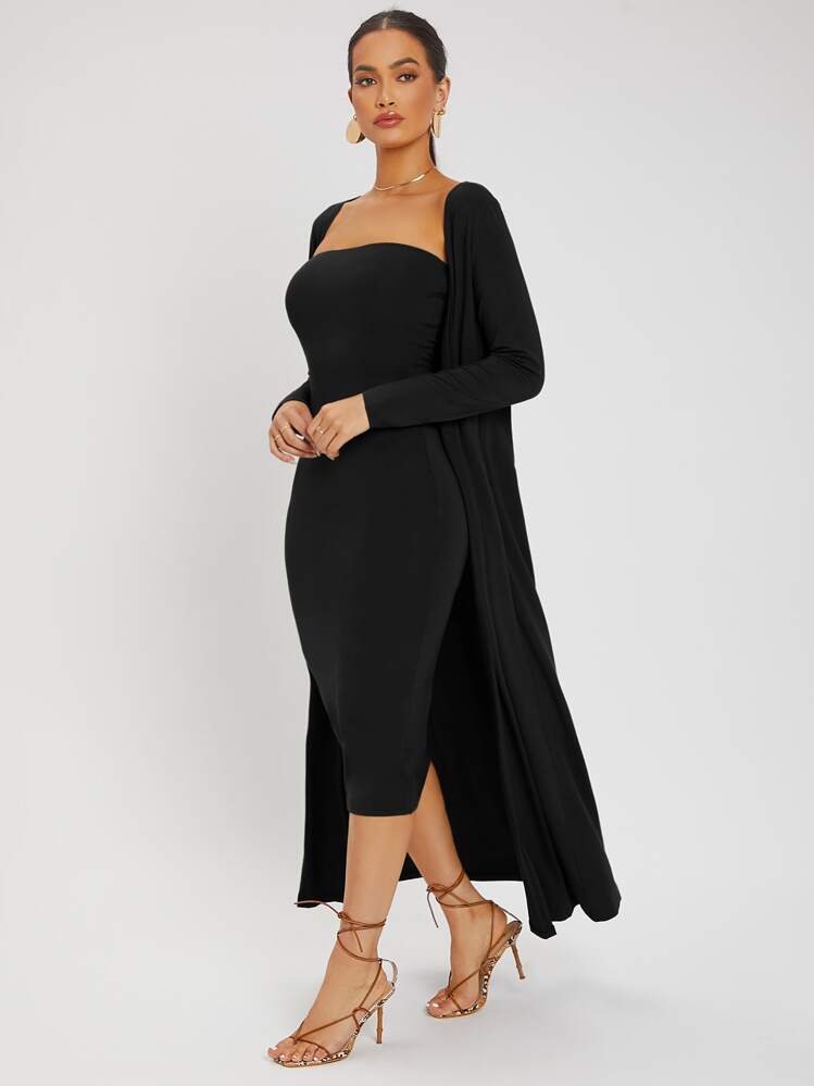 SHEIN SXY Split Hem Tube Bodycon Dress & Open Front Coat - Black - View 4
