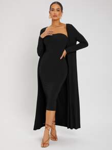 SHEIN SXY Split Hem Tube Bodycon Dress & Open Front Coat - Black - View 5