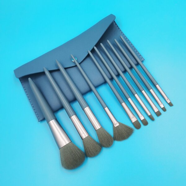 

10pcs Makeup Brush Set & 1pc Storage Bag, Dusty blue