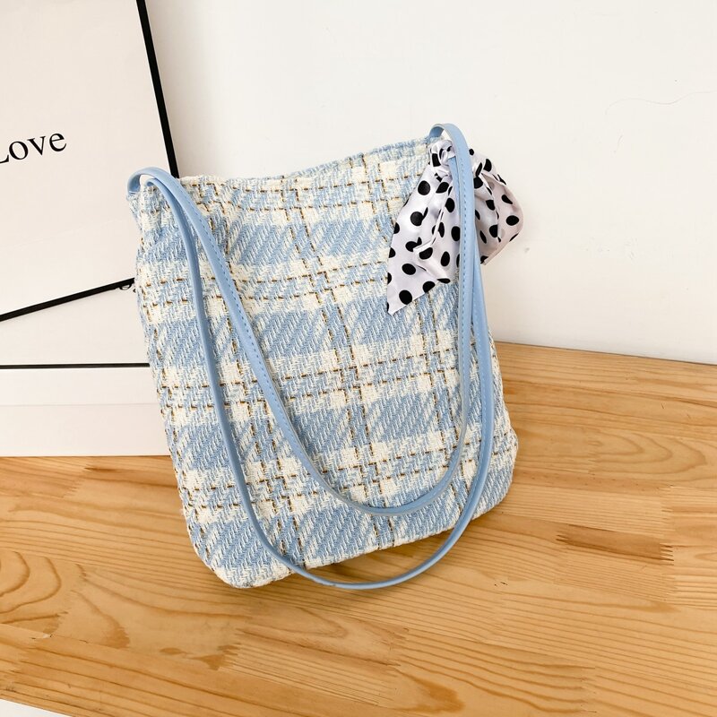 

Scarf Decor Tweed Tote Bag, Blue