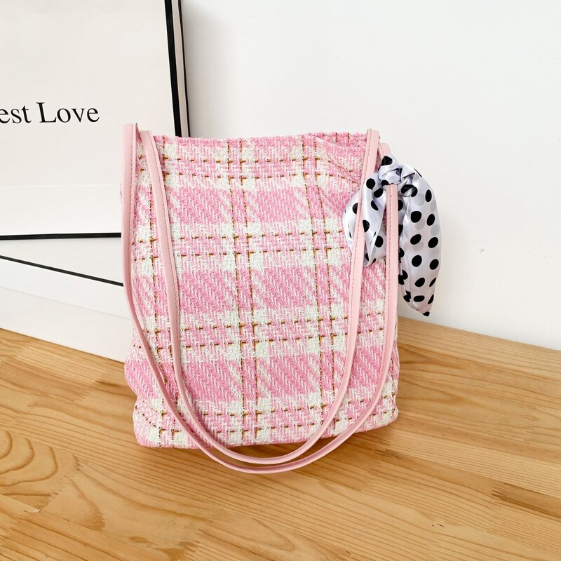 

Tweed Shoulder Tote Bag, Pink