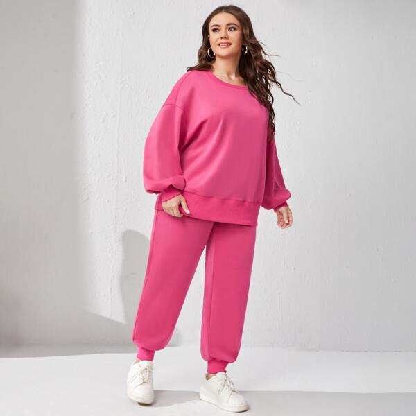 

Plus Drop Shoulder Pullover & Sweatpants, Hot pink
