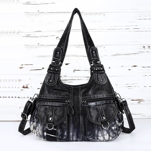 

Tie Dye Pattern Large Capacity Shoulder Tote Bag, Black and white