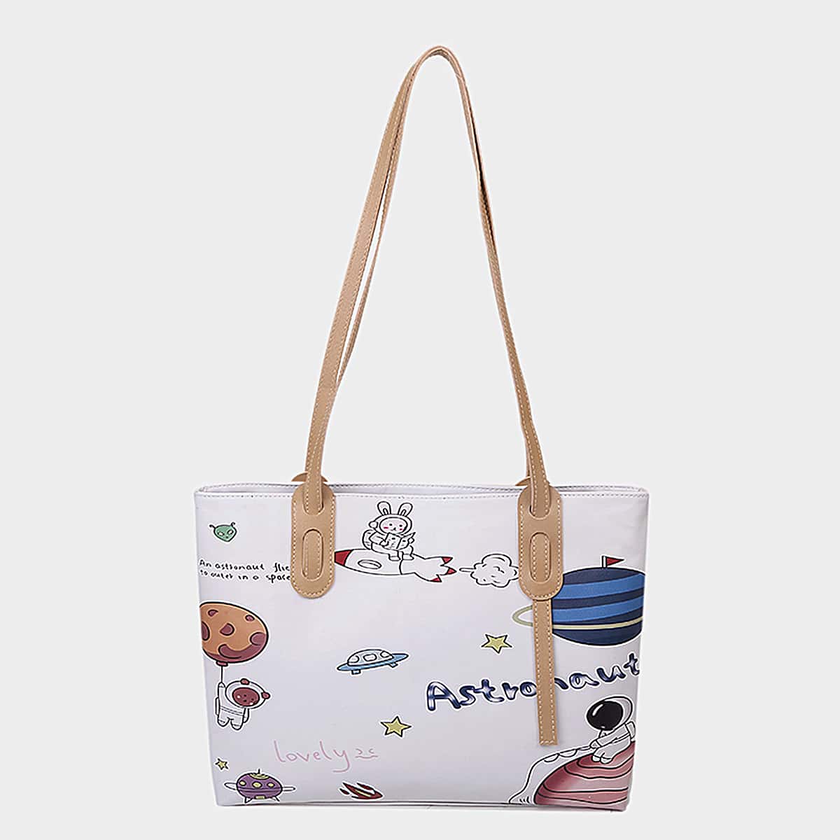 

Cartoon Graphic Tote Bag, White