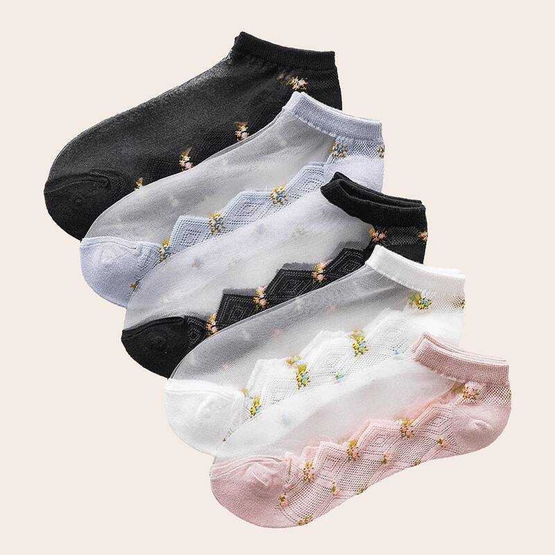 

5pairs Floral Pattern Ankle Socks, Multicolor