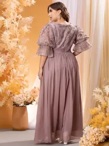 SHEIN Belle Plus Lace Panel Flounce Sleeve Fold Ruched Prom Dress Elegant Formal Evening Wedding Guest Gown, For Graduation, Dinner Party Dress - Dusty Pink - View 2