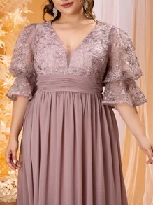 SHEIN Belle Plus Lace Panel Flounce Sleeve Fold Ruched Prom Dress Elegant Formal Evening Wedding Guest Gown, For Graduation, Dinner Party Dress - Dusty Pink - View 3