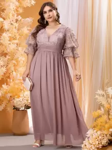 SHEIN Belle Plus Lace Panel Flounce Sleeve Fold Ruched Prom Dress Elegant Formal Evening Wedding Guest Gown, For Graduation, Dinner Party Dress - Dusty Pink - View 6