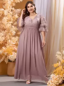 SHEIN Belle Plus Lace Panel Flounce Sleeve Fold Ruched Prom Dress Elegant Formal Evening Wedding Guest Gown, For Graduation, Dinner Party Dress - Dusty Pink - View 7