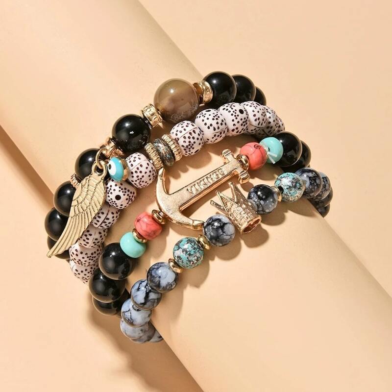 

4pcs Wing Decor Beaded Bracelet, Black