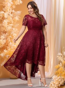 SHEIN Belle Vestido de graduación de encaje de bajo bajo con dobladillo asimétrico en color rojo borgoña talla grande - Burdeos - Ver 3