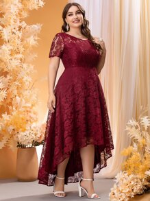 SHEIN Belle Vestido de graduación de encaje de bajo bajo con dobladillo asimétrico en color rojo borgoña talla grande - Burdeos - Ver 4