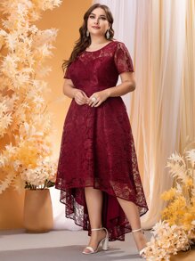 SHEIN Belle Vestido de graduación de encaje de bajo bajo con dobladillo asimétrico en color rojo borgoña talla grande - Burdeos - Ver 5