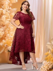 SHEIN Belle Vestido de graduación de encaje de bajo bajo con dobladillo asimétrico en color rojo borgoña talla grande - Burdeos - Ver 6